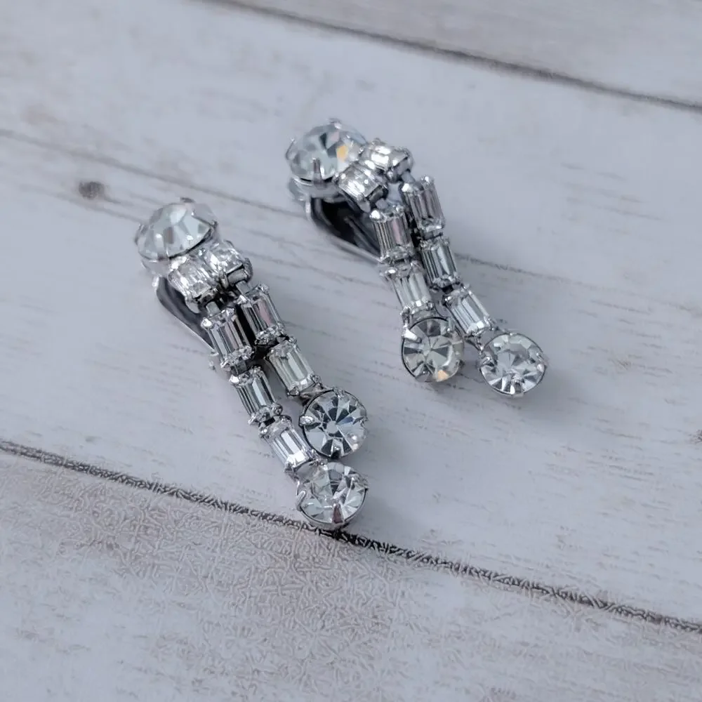 Vintage Clip On Earrings Clear Gem Dangle 1.5